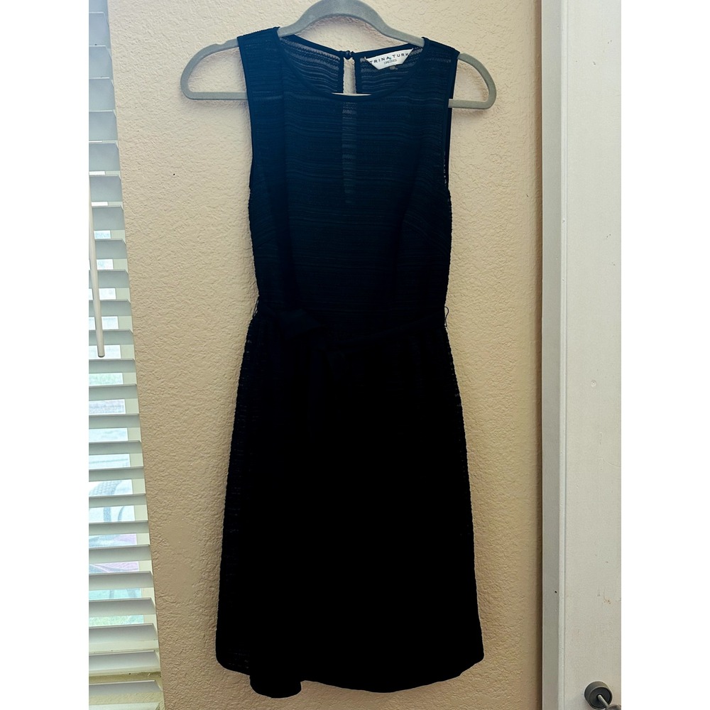 Trina Turk Dress Black Sun Dress‎ Sheer Sleeveless Textured Size 0 Lace Belted